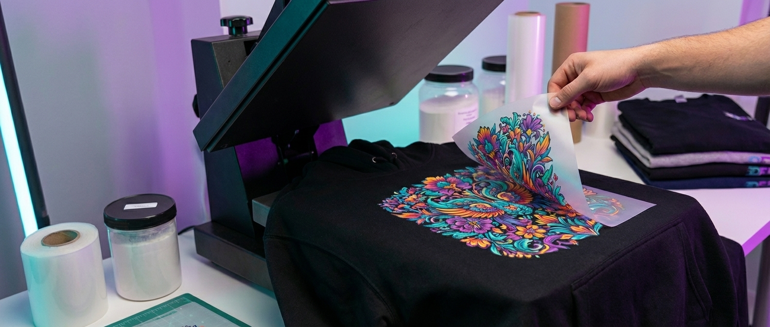 Custom DTF printing on a black hoodie with vibrant colorful design